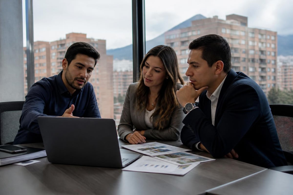 Equipo de marketing y ventas inmobiliarias analizando resultados en una oficina.