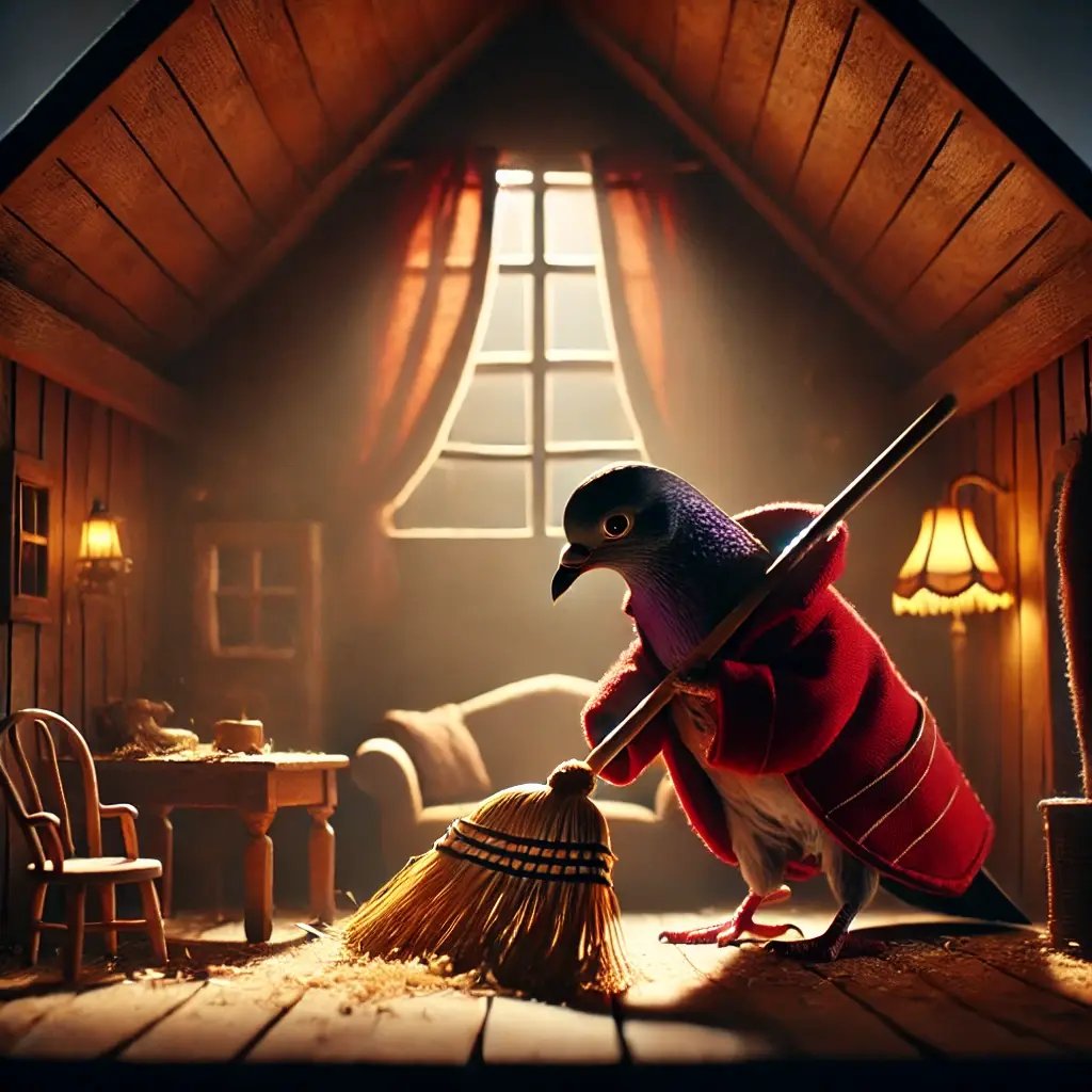 DALL·E 2025-03-28 12.02.59 - A cinematic scene of a pigeon wearing a red coat cleaning its house. The pigeon is sweeping the floor with a small broom inside a cozy, well-decorated