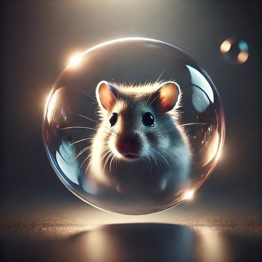 DALL·E 2025-03-28 12.06.05 - A cinematic close-up of a hamster floating inside a realistic soap bubble. The lighting is moody and dramatic, with a soft glow reflecting off the bub