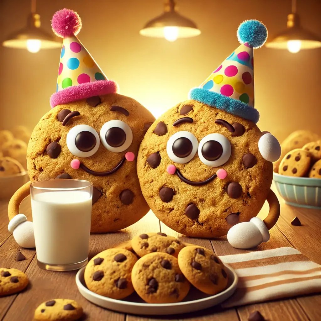 DALL·E 2025-03-28 12.08.38 - Two anthropomorphic chocolate chip cookies with happy expressions, sitting together at a table with a plate of cookies and a cup of milk. They are wea