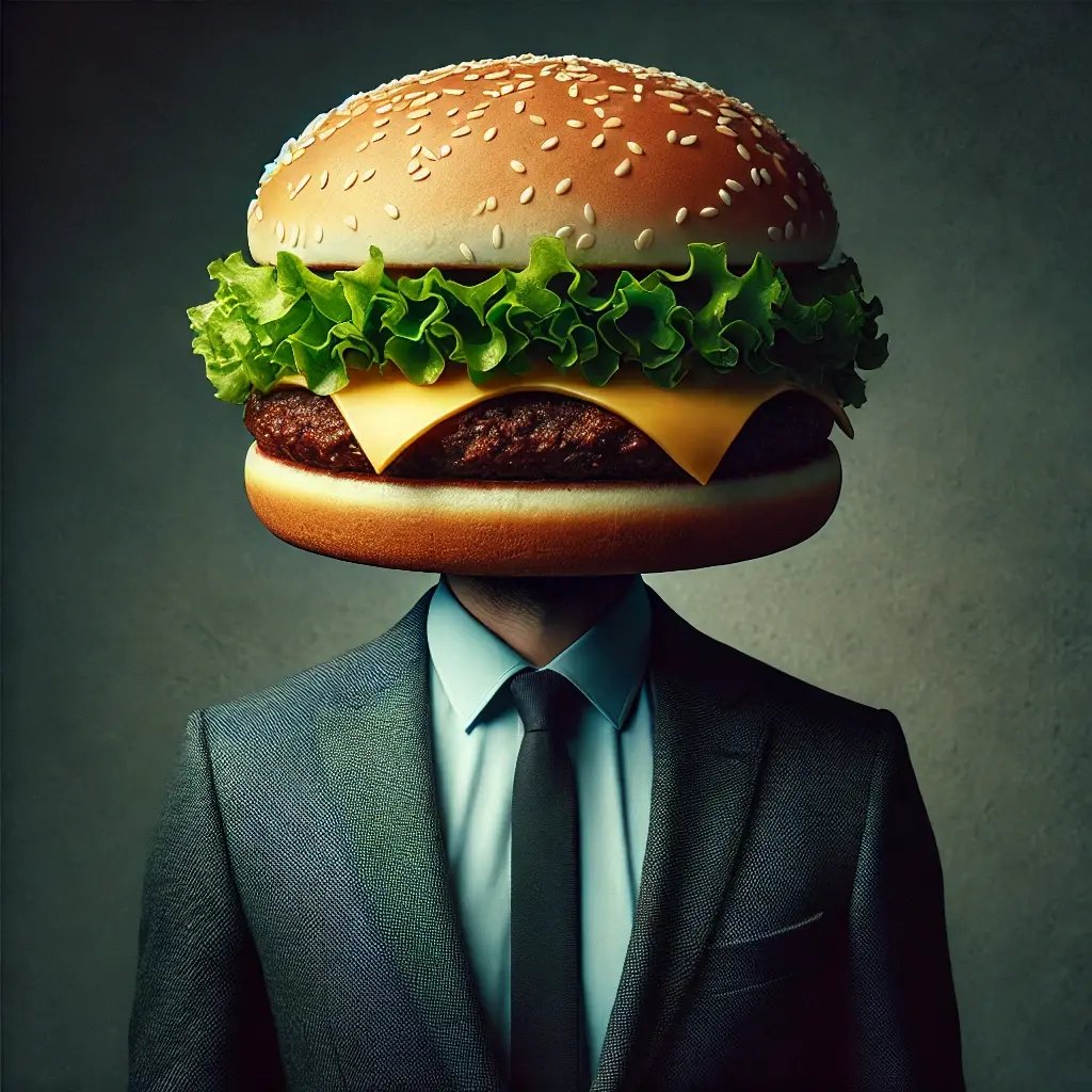 DALL·E 2025-03-28 14.52.18 - A surreal and cinematic portrait of a man in a suit with a realistic, oversized cheeseburger as his head. The cheeseburger is detailed, with fresh let