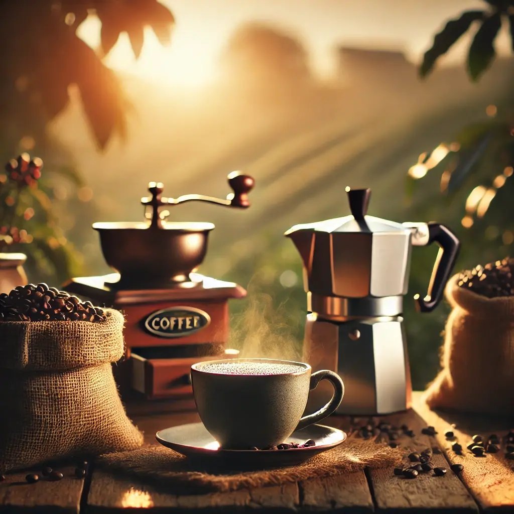 DALL·E 2025-03-28 14.59.35 - A cinematic scene featuring a coffee cup in the foreground, placed in a lush coffee field during golden hour. In the background, a rustic coffee pot s